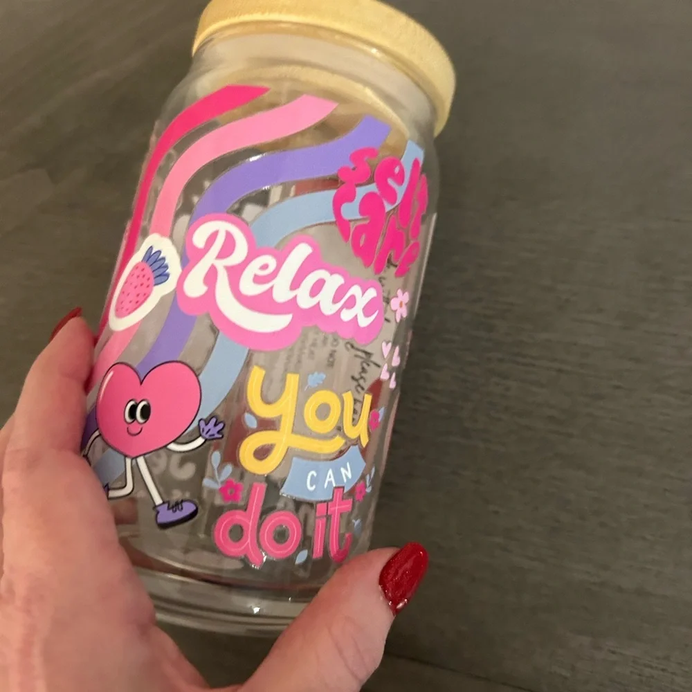 Mental Health Glass Tumbler with lid and straw, Pink Iced Coffee Cup,